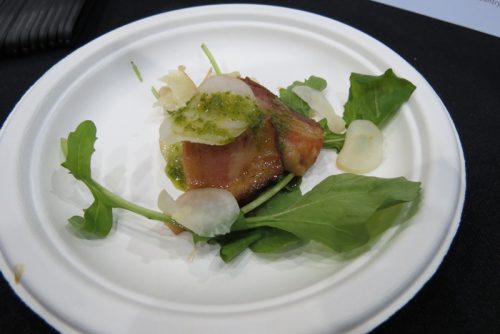 Perennial Virant's bacon on potato galette with ramp chimmichurri.