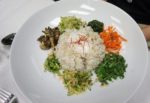 Sousvide egg and rice with marinated vegetables (vegetarian supplement to dinner menu)